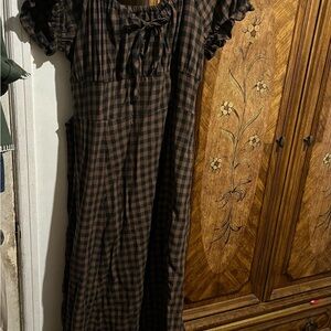 Thorn & Fable Brown and Black Checkered Empire Waist Midi Dress